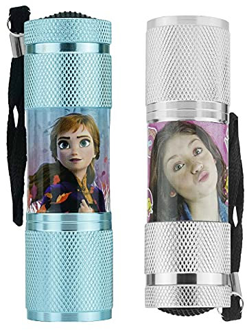 Kids Euroswan Lot de 2 lampes de poche LED Sony Luna et La Reine des Neiges en aluminium avec 3 piles AAA, petite lampe de poche pratique, explorateur de nuit pour garçons et filles à partir de 3 ans