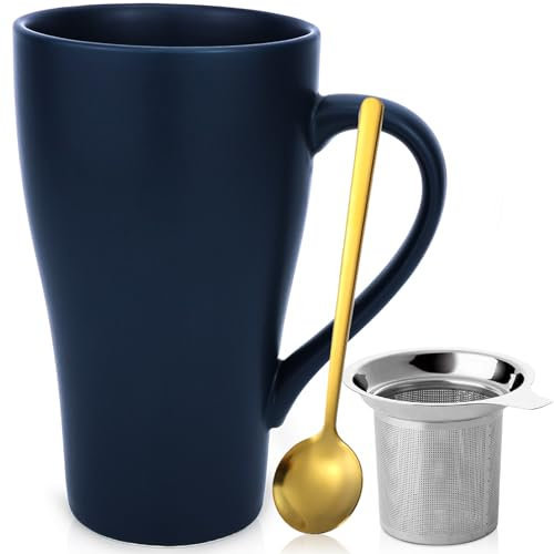 Arawat Big Mug 500 ml Tazza da tè con coperchio e colino Tazza da caffè in ceramica con cucchiaio e sottobicchiere Tazza da caffè Bige Mug Regalo di compleanno Regalo tazza da caffè
