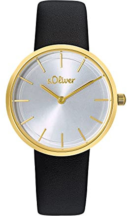 s.Oliver Armbanduhr Damen Quarzuhr Analog, mit Leder Armband, Gold, 5 bar Wasserdicht, Kommt in Uhren Geschenk Box, 2033558
