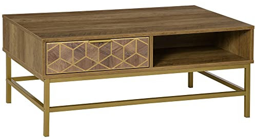 HOMCOM Mesa de salón rectangular, Mueble Auxiliar con cajón y 2 estantes abiertos, de aglomerado y acero, 100 x 59 x 42,8 cm, color madera