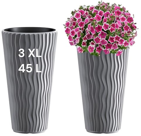 MELTOM Blumentopf mit vertikaler Wellenoptik herausnehmbarem Einsatz aus Kunststoff Pflanzkübel (Grau, 3XL)