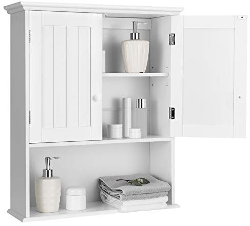 Multigot Wooden Bathroom Cabinet, Wall-Mounted Storage Cabinet with Adjustable Shelf and Compartment, Modern Toilet Cupboard Storage Unit for Kitchen Living Room Corridor (White, with Wooden Handles)