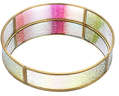 SUMNACON Bandeja organizadora redonda de cristal de diamante colorido para joyas, bandeja de maquillaje con marco dorado, bandeja decorativa para tocador, perfume, diámetro: 25 cm