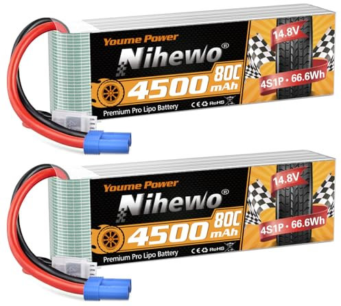 Nihewo 4s Lipo Battery 14.8v RC Battery 4500mAh 60C with EC5 Plug Compatible with Arrma Axial Losi Blade E-flite 1/8 Scale RC Car Truck Vehicle Airplane Helicopter Boat Tank Models (2Packs)