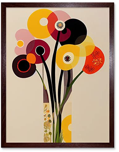 Wee Blue Coo Abstract Retro Spring Summer Flowers Floral Yellow Burgundy Orange Bouquet Vase Art Print Framed Poster Wall Decor 12x16 inch