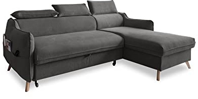 MIUFORM Sweet Harmony mit Bettkasten | 4 Sitzer Sofa | L-Form rechts | 228 x 162 x 82cm | Klappsofa mit Schlaffunktion und mit Kopfstütze | Easy Clean Stoff Samt (Grau)