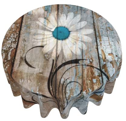Giwawa Rustikale runde Tischdecke mit Gänseblümchen, Vintage-Blume auf Holzmaserung, Kreis, Tischdecke, Hütte, Landhausstil, Tischdecke, hitzebeständig, für Küche, Esszimmer, Innen- und Außenbereich,
