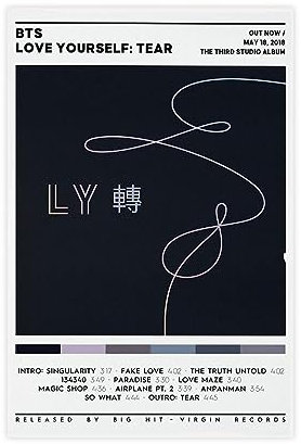K-Pop BTS Poster Love Yourself Tear Album Cover Poster Leinwand Poster Schlafzimmer Dekor Sport Landschaft Büro Zimmer Dekor Geschenk 30 x 45 cm