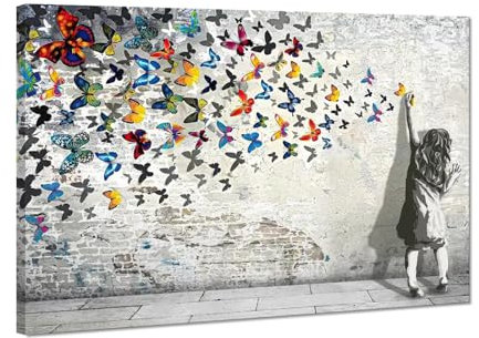 Banksy Graffiti-Leinwand-Kunst, Mädchen mit Schmetterling, Gemälde, Bilder, Poster, Drucke, Straßenkunst, Graffiti-Kunstwerk für Wohnzimmer, Schlafzimmer, Küche, Dekor, fertig zum Aufhängen, 61 x 91,4