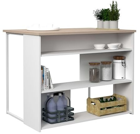 Miroytengo Mesa Alta Isla Cocina Buh Mueble Auxiliar Color Blanco y Roble Jackson fácil de Combinar 116x90x80 cm