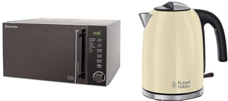 Russell Hobbs RHM2017 20L 800W Silver Digital Microwave, Child Safety Lock, Automatic Defrost & Cream Stainless Steel 1.7L Cordless Electric Kettle with black handle