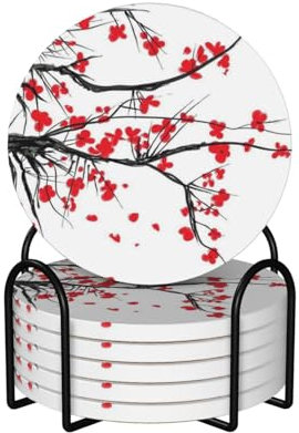 Lot de 6 dessous de verre ronds en céramique imprimés cerisier japonais - Dessous de verre - Forme ronde - 6 pièces