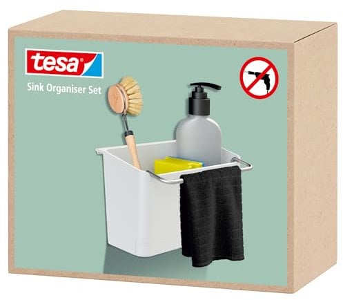 tesa Accesorios de Cocina, Organizador para Fregadero - Recipiente Colgante y Autoadhesivo para Jabón, Cepillo, Esponja y Paño - con Adaptador, Montaje en Pared sin Taladrar - Blanco/Cromo