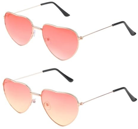 Hastazi Hippy Occhiali da Sole Forma di Cuore, 2 Paia, Lenti sfumate rosso e giallo, Protezione UV, Stile Retrò Vintage, Accessori Unisex per Costume, Montatura in Oro Rosa, Ideale per Feste e Quotidi
