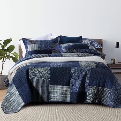 Qucover Patchwork-Tagesdecke, King-Size-Größe, gemischte Farben, Dunkelblau-Grau – gesteppte Tagesdecke, echtes Patchwork, Vintage und elegant, 100 % Baumwolle, King-Size-Größe, handgefertigt mit 2