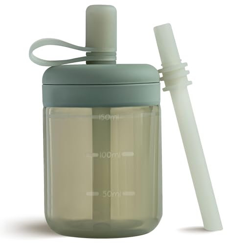Moonkie Trinklernbecher, Trinkflasche mit Strohhalm, Silikon Trinkbecher für Baby und Kinder, Strohhalmbecher mit Deckel Auslaufsichere, BPA-freie, Baby Becher ab 6 Monate, 5 oz(Graugrün)