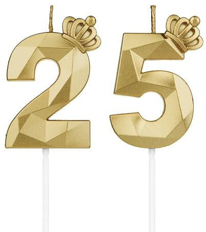 Geburtstagskerzen Zahlen 25 mit Krone，3D Kerzen Geburtstag für Kuchen geburtstagsdeko, Geburtstag Kerzen Zahlen, Geburtstagskerzen Kinder für Partys, Hochzeiten, Firmenfeiern, Jubiläen (Gold, #25)
