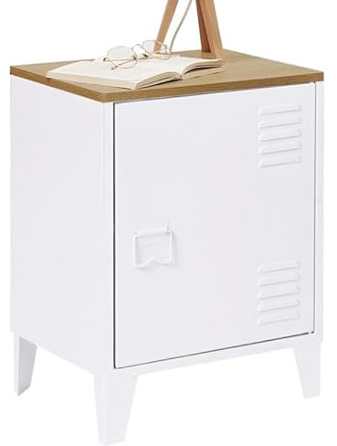 IDMarket - Table de Chevet Ester 1 Porte métal Blanc Plateau façon hêtre Design Industriel