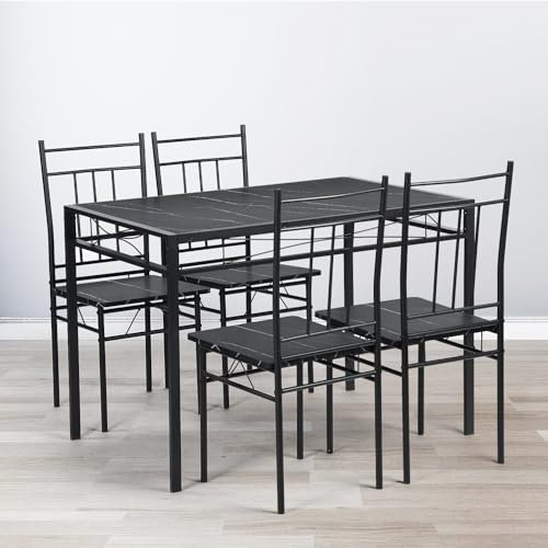 LafeuR Esstisch mit 4 Stühlen Set,Reversible Tischplatte Modedesign,Essgruppe,Schwarzer Marmor/Weißer Marmor Zwei Farben