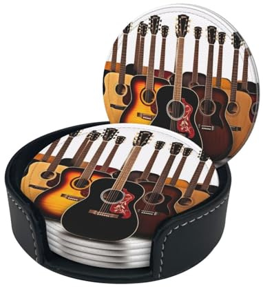 Stilvolle Untersetzer – Gitarre, süßes Set mit 6 runden Getränkeuntersetzern aus Leder mit Halter – perfekte Größe für Tassen und Gläser, 10555