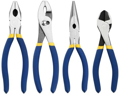 TMZDCJK 4 Piece Basic Pliers Set, 185 mm Side Cutter 205 mm Linesman, Long Nose Plier, Slip Joint Plier Multifunctional Tool Kit for Jewelry Making Household Repair (Blue)