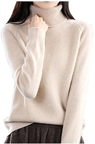 SDERG Cashmere Women's Turtleneck Jumper with Pockets - Ladies Womens Fine Knit Reindeer Sweater in Cream