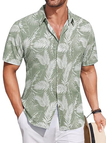 COOFANDY Hawaii Hemd Männer Sommerhemd Herren Hawaii Kurzarmhemd Tropical Hawaiian Hemden Palmen Leichtes Beach Hemd Palmblätter Grün M