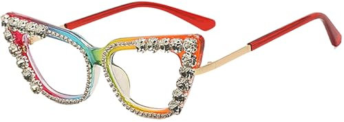 AOOLIA Katzenauge Lesebrille für Damen, Retro Diamond Crystal Brillenfassungen Brille für Damen, Blaulichtfilter Lesehilfe (Regenbogen, 2, x)