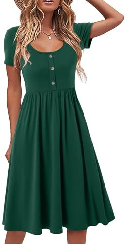 Beluring Sommerkleid Damen Kurzarm Midi Kleider Rundhalsausschnitt Freizeitkleid Elegant Shirtkleid Dunkelgrün XXL
