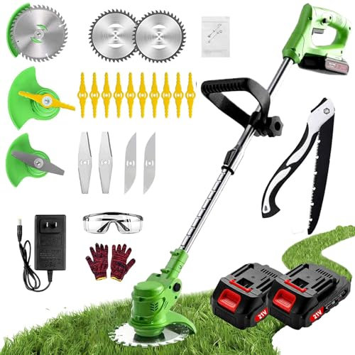 Gompuy Decespugliatore a Batteria, Tagliabordi Batteria, Decespugliatore Elettrico, Decespugliatore a batteria Con 2 Batterie da 21V di grande capacità, 3 Lame Diverse, Adatto Per Giardini, Prati