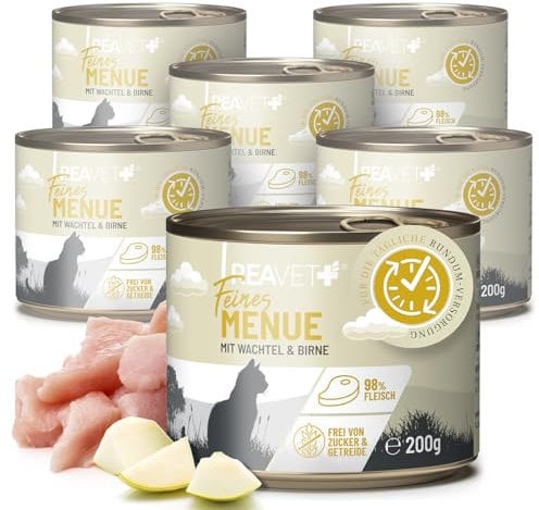 ReaVET Premium Katzenfutter nass mit Wachtel & Birne 6 x 200g I Getreidefrei aus hochwertigem Fleisch I Katzennassfutter ohne Zucker, Nassfutter für ausgewachsene Katzen
