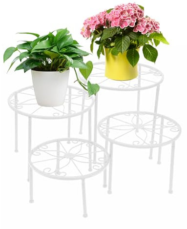 Lot de 4 tabourets de fleurs en métal pour l'intérieur, blanc, banc de fleurs, pot de fleurs, balcon, décoration de jardin, support de fleurs, extérieur, étagère à plantes, étagère en fer, présentoir