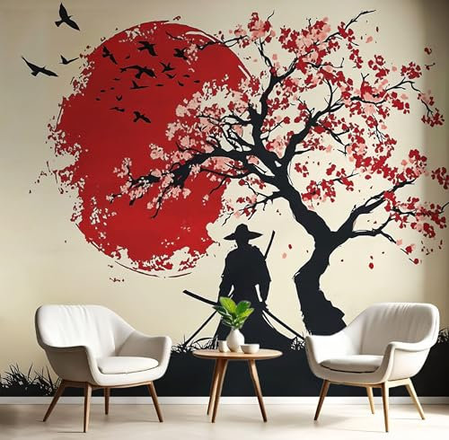 Fototapete 3D Effekt Tapete, Japanisches Ukiyo-E Sakura Samurai Tapeten Seidetapete Wandbilder, Schlafzimmer Wanddeko Wohnzimmer 250×175 CM (W×H) Tapete Wanddeko Wandbilder