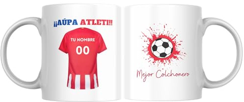 Taza de Fútbol Personalizada con Camiseta de Tu Equipo con Nombre y Número – Regalo para Aficionados al Fútbol – Cerámica de Alta Calidad, Apta para Microondas y Lavavajillas (03 Atletico Madrid)
