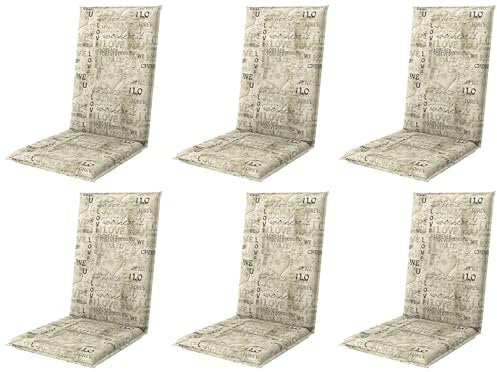 Gardissimo 6er Set Hochlehner 8613 beige grau mit Schrift, Gartenstuhlauflagen 120 x 50 x 8 cm Auflagen Polsterauflagen UV-Lichtecht Stuhlauflagen Sitzauflagen