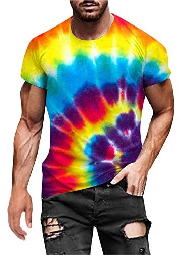 Men's T-Shirts Clearance Mens Athletic Shirts Hippies Senior Short Sleeve Tie Dye Tees Shirt Crewneck Loose Fit Pullover Tops Plus Size Gym Running Workout Shirt Activewear