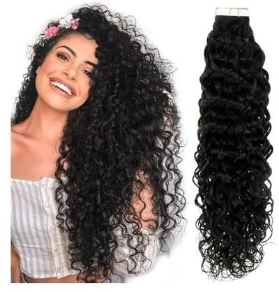 Tape in Haarverlängerungen Lockige Tape-in-Haarverlängerungen, 14-26 Deep Wave Echthaar-Tape-in-Extensions #1B, Remy-Haar-Tape-in-Extensions for den ganzen Kopf, unsichtbare Hauteinschlag-Tape-in-Ex