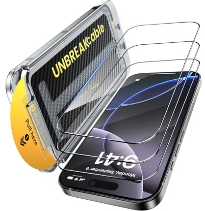 UNBREAKcable 3-Pack Screen Protector for iPhone 16 Pro Tempered Glass - [Pull-To-Protect Easy Installation] [Auto Dust-Elimination] [9H+ Hardness] [99.99% HD Clear] Full Coverage for iPhone 6.3 inch