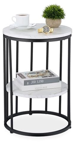 Relaxdays Table d'appoint, 2 Plateaux Aspect marbre, métal et MDF, H x D : 57 x 40 cm, pour Le Salon, Blanc et Noir