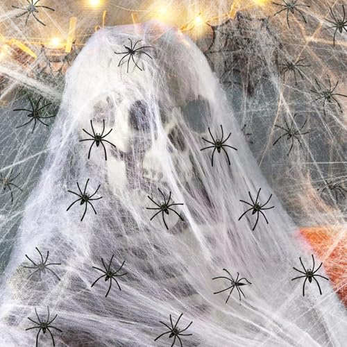 Spetsbst Halloween Deko Outdoor, 300g Spinnennetze Halloween Deko | Mit 100 Künstlichen Spinnen,1500Sqft Superdehnbare für Drinnen/Außen,Karneval,Party, Häuser, Garten, Spukhaus, Fenster, Kamin