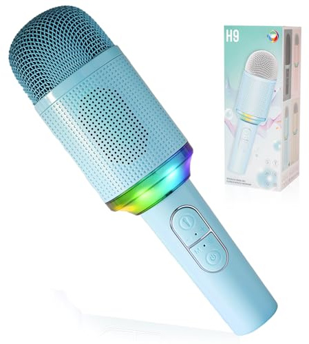 Vailux® Microfono Inalambrico Karaoke | Microfono Karaoke con Luces LED |Micrófono inalámbrico Bluetooth Karaoke para Niños/Adultos | Regalo para Niños | Compatible con Android, iOS, PC. (Azul)