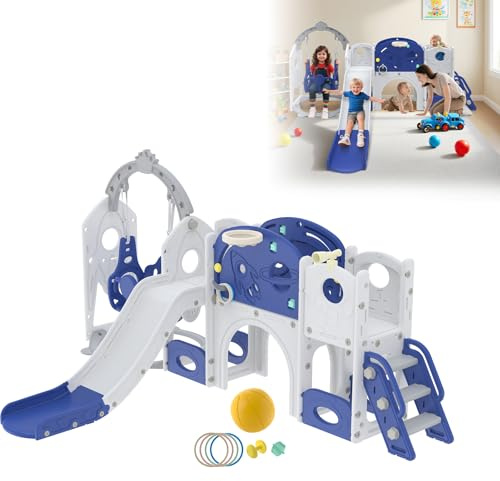 ACXIN Toboggan pour enfant avec balançoire, tunnel, cachette et panier de basket – Kit de jeu autoportant pour l'intérieur et l'extérieur, toboggan bébé en polyéthylène haute densité + plastique PP