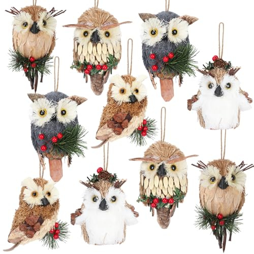 Zealor 10 Pack Sisal Owl Animal Christmas Ornaments, Christmas Tree Ornaments with Natural Sisal Straw Owl Animals Figurines Hanging Rope Accessory Rustic & Wood Decor for Forest Home Xmas Theme Decor