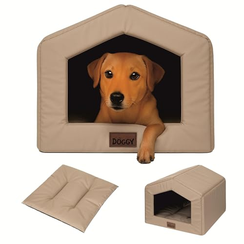 PillowPrim Hundehütte Katzenhaus mit Abnehmbarem Kissen - Wasserdicht Wetterfester - Haustierhaus Warmes Und Gemütliches - Hundebett mit Dach - 54x58 cm - Beige