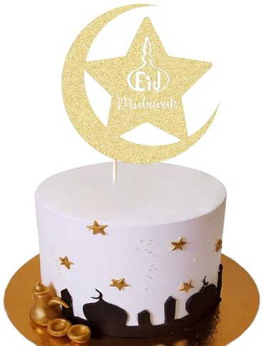 Gold Mubarak Cake Topper Ramadan Cupcake Toppers Glitzer Stern und Mond Eid Mubarak Tortendeko Mubarak Cake Cupcake Toppers Eid Kuchendekoration für Muslim Ramadan Eid Mubarak Cupcake Dekorationen (A)