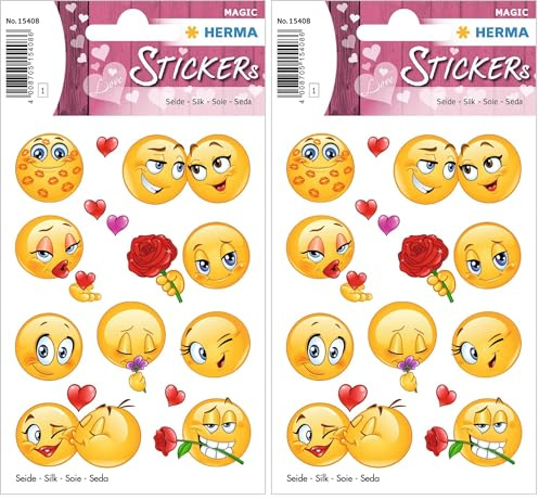 HERMA 15408 Aufkleber Smiley klein groß, 12 Stück, Belohnung Sticker aus Seide Stoff mit Emoji Gesicht Motiv, Kinder Etiketten für Valentinstag Liebe Fotoalbum Scrapbooking Geburtstag Deko Briefe