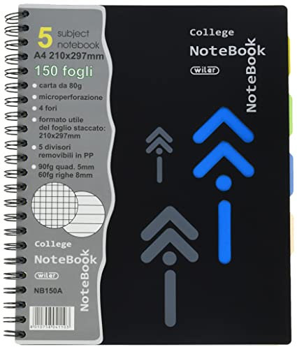 Wiler NB150A Quaderno Maxi Spiralato A4 con 4 Fori e Microperforazione, 150 Fogli e 5 Divisori in PP Removibili. 90fg Quadretti 5mm + 60fg Righe 8mm