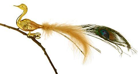 Thüringer Weihnacht Birds of Glass® Glas-Vogel Pfau Gold mit Pfauenfeder & Flaumfeder