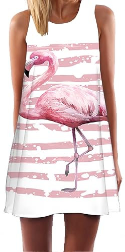 Ocean Plus Femme Multicolore Paréo Trapèze sans Manche Robe de Plage Haut Décontracté Flamant Loisir Feuilles Mini Robe (M (EU 36-38), Rayures Rose Flamant Rose)