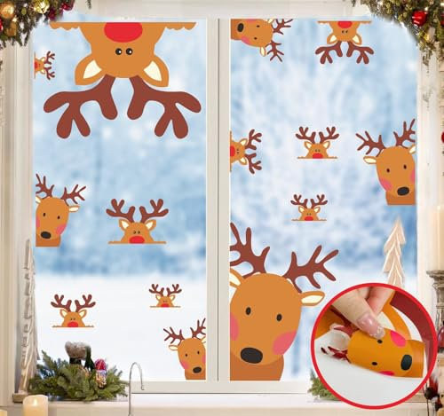 Calcomanías de reno para ventana, calcomanías de doble cara para ventana de Navidad, calcomanías de Rudolph para ventana de cristal, calcomanías de pared de Navidad, calcomanías de ciervo de dibujos